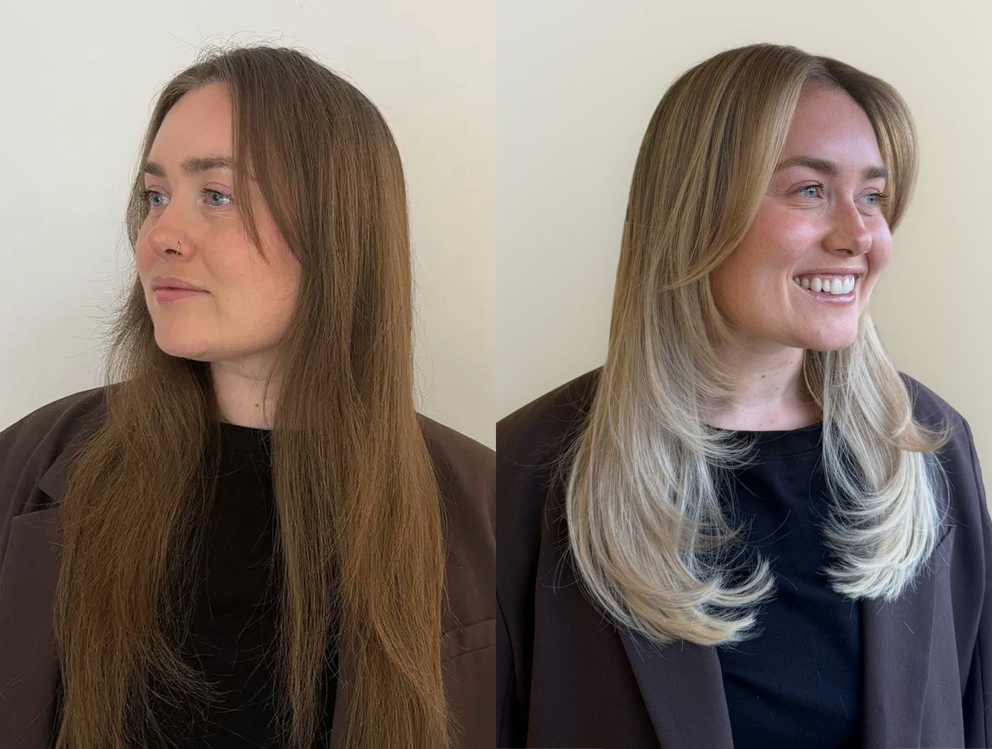 The same client before and after: solid brunette to bright dimensional blonde